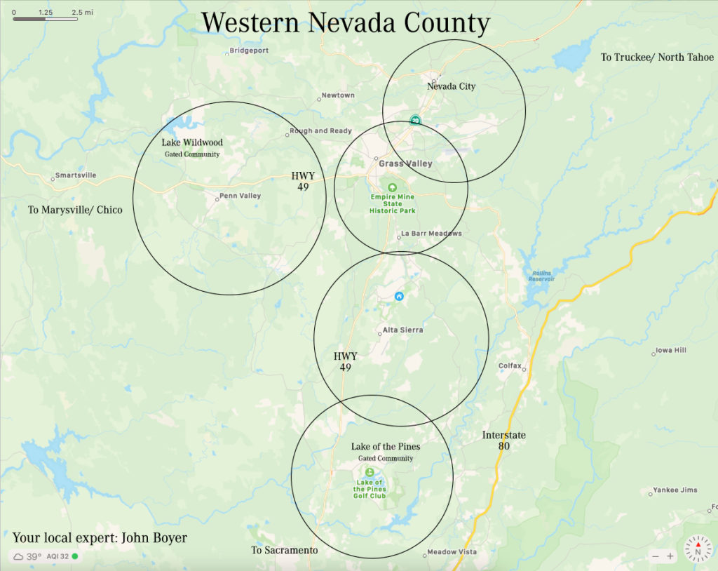 Map of Western Nevada County CA highlighting areas Penn Valley, Nevada City, Grass Valley, Alta Sierra and Lake of the Pines